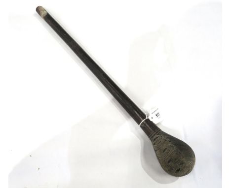 A Knobkerrie-type hardwood throwing/fighting club, the bulbous head with alternate geometric and undulating chip-carved detai