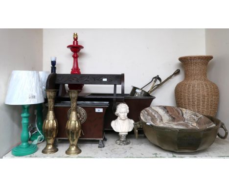 A large mixed lot to include ceramic and wicker vase, brass twin handled champagne bucket, fire tools etc Condition Report:Av