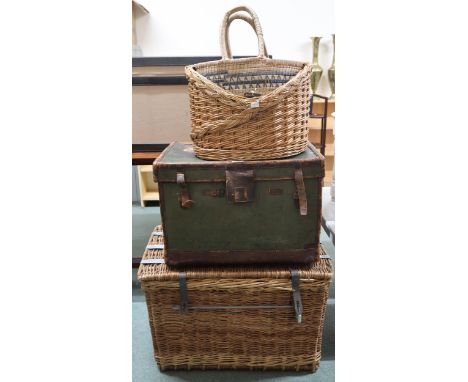 A lot comprising wicket laundry hamper, leather travel trunk, wicker basket and wicker bag (4) Condition Report:Available upo