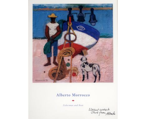 ALBERTO MOROCCO (SCOTTISH 1917-1998) FISHERMAN AND BOAT Print multiple, 38 x 27cm Bares inscription 'With best wishes to Cliv