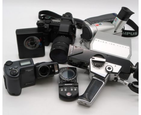 A mixed lot of compact cameras, light meters etc with examples from Olympus, Pentax, Lumix, Panasonic, Nikon, Fuji with light