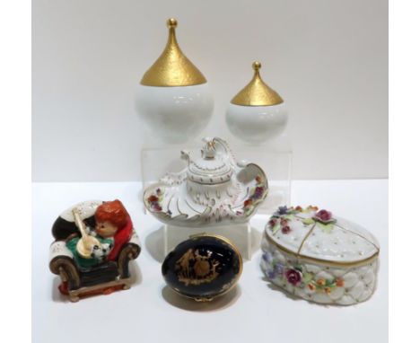 Two Bijorn Wiinblad for Rosenthal pot and covers, a Desden style inkwell, and trinket box, a Charlot Byj figure and a Limoges