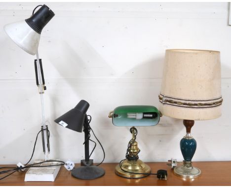 A lot to include brass based desk lamp with green glass shade, anglepoise style desk lamp, adjustable desk lamp and another t