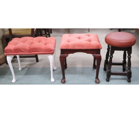 A lot comprising two assorted button upholstered stools on cabriole legs and a vinyl upholstered pub style stool (3) Conditio