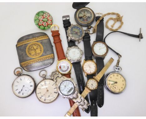 A good Damascene cigarette box, two silver open face pocket watches, a gun metal cased compass, and a collection of wristwatc
