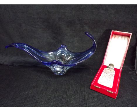 Large Blue Waves Murano style Glass Fruit Bowl or Vase and a Cased Crystal Glass Pot Pourri Jar with .925 Sterling Silver Lid