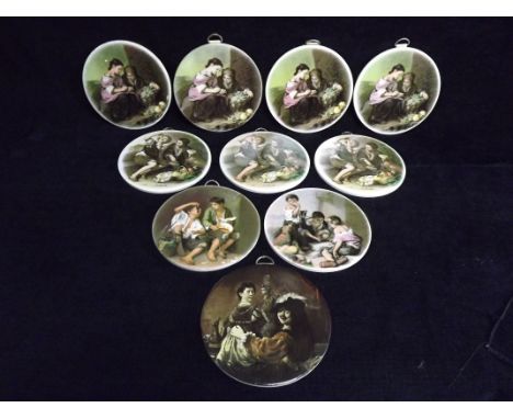 10 x H.R. Johnson England Circular Transfer Printed Tiles. Mostly depicting Children. Eight are mounted with wall hangers. Co