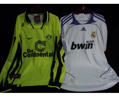 2 x European Football Shirts. Real Madrid La Liga Bwin Home 2010/11(Worn, small Stains, L) and Borussia Dortmund Nike c1996 D