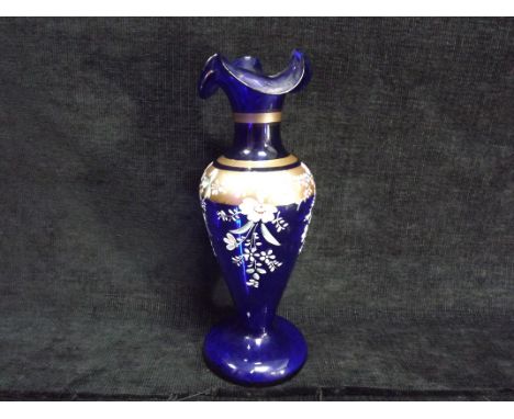 European Bohemian style Blue Glass Bud Vase with Enamel and Gilt decoration. Flower Blossom with Gold bands. Condition - 2 x 