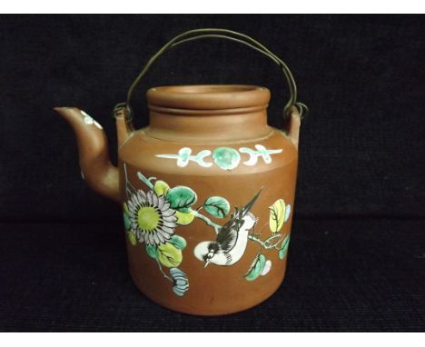 Chinese Large Yixing Clay Teapot. Enamel Decorations with a Bird looking down on a Branch with Flowers. Wire Loop Handles. In