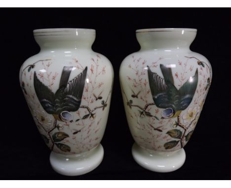 Mirror Pair of Bohemian or Peking Turquoise Glass Vases. Chinese Celadon colour glass ground with a pair of Birds perched on 