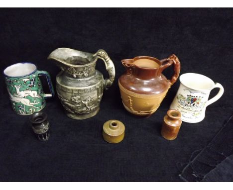 World Ceramics. Unusual European Hunting Jug. White Chalk type painted pottery. Molded Wolves, Wild Boar, Deer and Dogs in vi