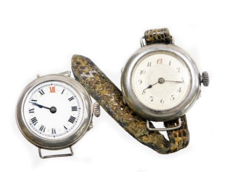 Two silver cased wristwatches, to include one with white enamel dial, gold marker points, with a Swiss movement stamped 925, 