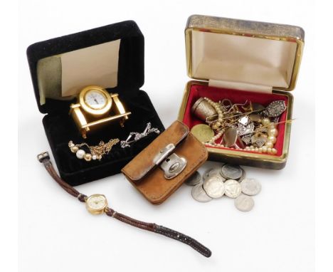 A group of costume jewellery and effects, to include wristwatches, bar brooches, faux pearl necklaces, silver plated thimble,