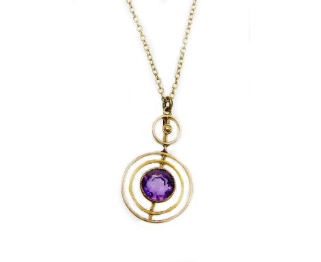 A 9ct gold pendant and chain, the small two tier circular pendant set with amethyst and seed pearls, 1.7cm diameter, on a fin