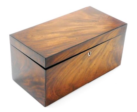 A late 19thC mahogany tea caddy, with bone keyhole, opening to reveal central tea caddy section later lined with green velvet