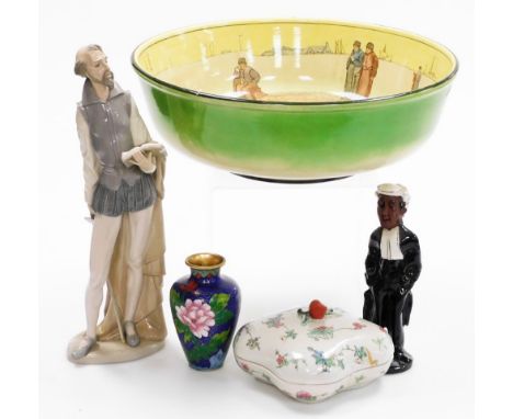Various ceramics, comprising a Royal Doulton wash bowl (AF), Continental lidded dish, cloisonné vase, and a Nao figure (AF). 