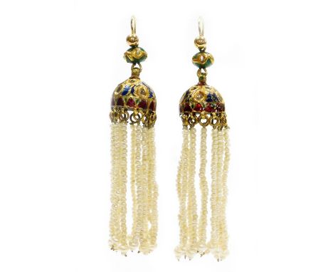 A pair of Indian drop earrings, each with enamel and paste stone set drop earring head, with various seed pearl strands, on y