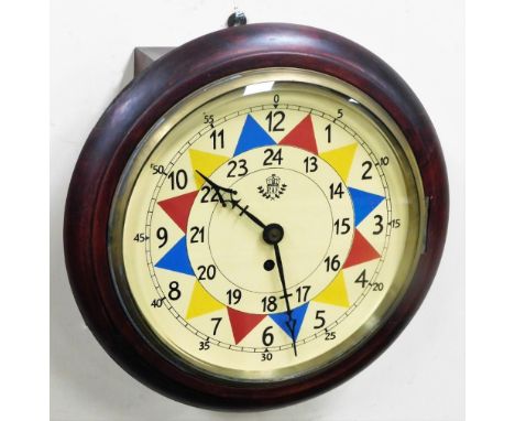 An RAF sector wall clock, the cream painted dial with red blue and yellow flag decoration and central RAF emblem, in a staine