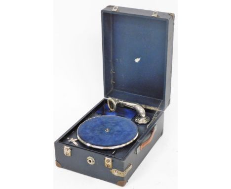 A cased vintage portable gramophone, in blue carry case. 