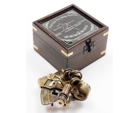 4 Small Polished Brass Sextant and Wooden Box with Brass Diamond