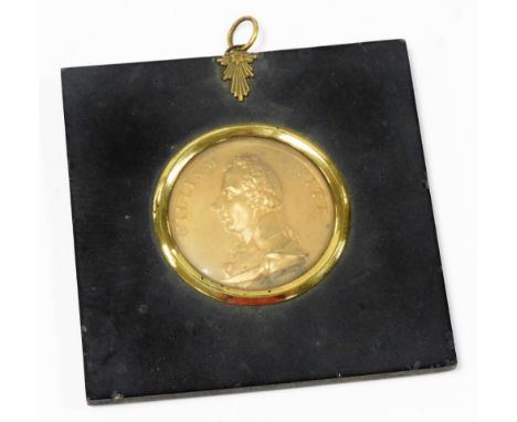 A late 18thC gilt metal circular embossed relief cameo portrait of William Pitt, head and shoulders profile, 5.5cm diameter, 