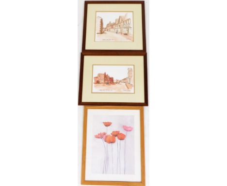 Two watercolours and a print, comprising two Richard Eye-Anson Wetherby scenes including Wetherby North Street 1909 and Marke