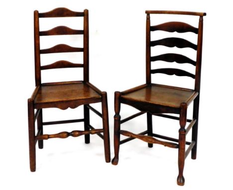 Two 19thC ash and elm ladder back chairs, each with shaped seats on turned front legs terminating in pad feet, 92cm high, etc