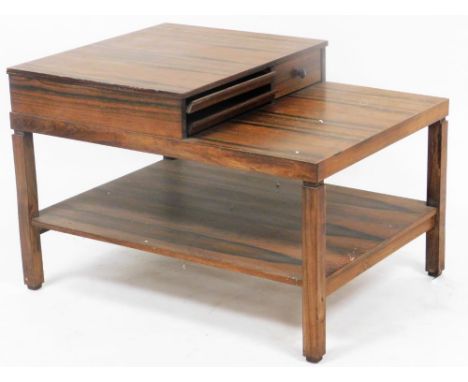 A vintage rosewood finished telephone seat, with pull out trays and drawer, on square legs joined by an under tier, 51cm high