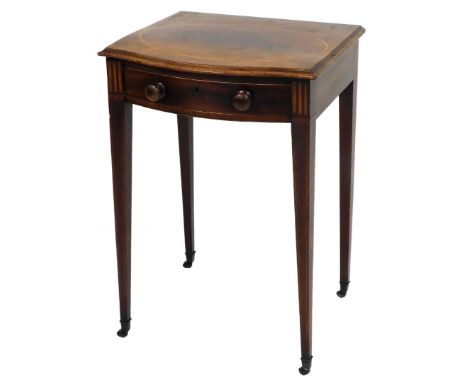 A small 19thC mahogany side table, the serpentine top raised above a bow front frieze drawer with knob handles, on square tap