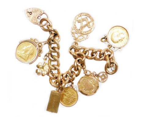 A 9ct gold charm bracelet, with various charms including a George V full gold sovereign dated 1912 in a 9ct gold pendant moun