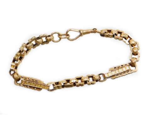 An elaborate design bracelet, previously converted from a watch chain, with various embossed and hammered loop design, with a