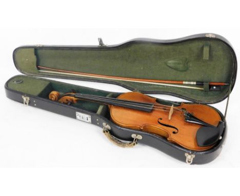 An early 20thC violin and bow, bears label for Chalon Anton Rouen-Paris, with two piece back, 60cm long, the bow unmarked but