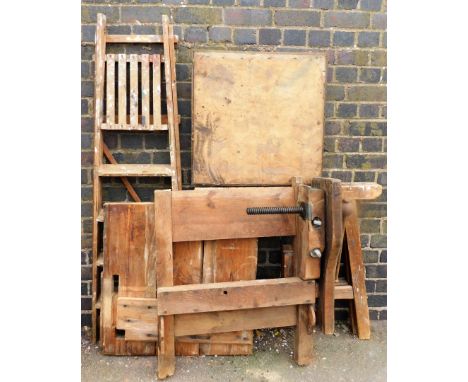 Various woodwork equipment, to include two trestle stands, a woodworking table, wooden ladder and table top. (a quantity)