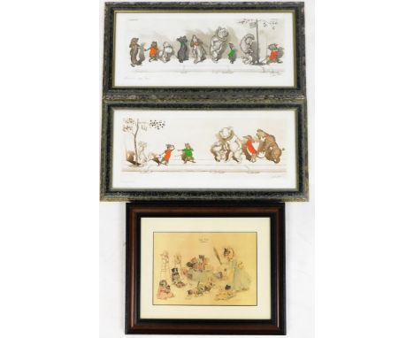 After Louis Wain. Childhood cat print , 18cm x 17cm  together with a pair of humorous French cat and dog prints, 16cm x 44cm,