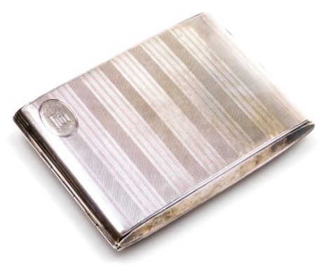 A George V silver cigarette case, with engine turned banded decoration, and inscribed Christmas 1925 Olympia, with part fitte