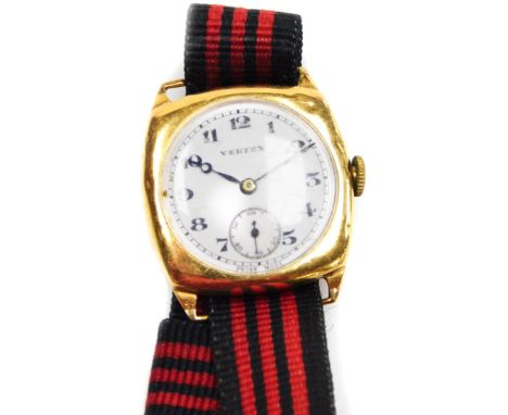 A 9ct gold Vertex gent's wristwatch, with a circular white enamel dial, seconds dial, on a later material bracelet, the watch