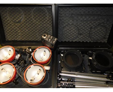Various camera equipment, to include tripod photography lights box cameras, a sync Coupler unit, etc. (3 boxes)
