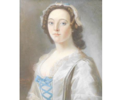 Robert Edge Pine (1730/42-1788).  Head and shoulders portrait of a young lady wearing a mop cap and white silk gown with lace