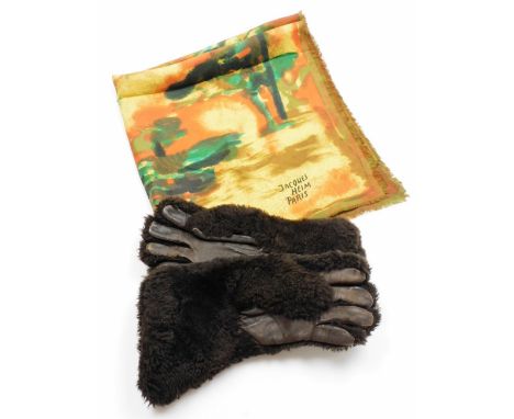 A Jacques Heim of Paris vintage scarf, a pair of sheepskin and faux fur gloves.