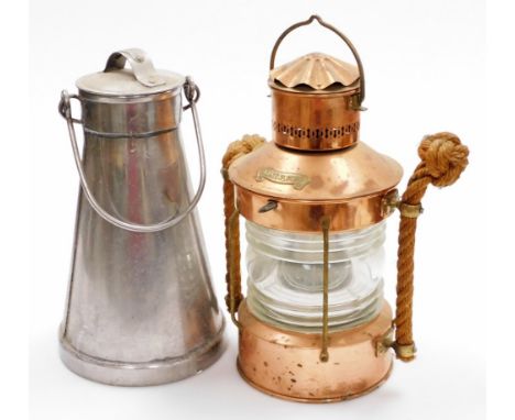 A good quality reproduction copper ships lantern, marked ANKERLICHT, 40cm high, and a stainless steel tapering churn of simil