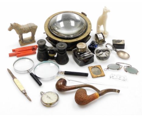 A group of trinkets and effects, to include a brass ships compass, meerschaum pipes, wax seals, Egyptian style figures, ink w