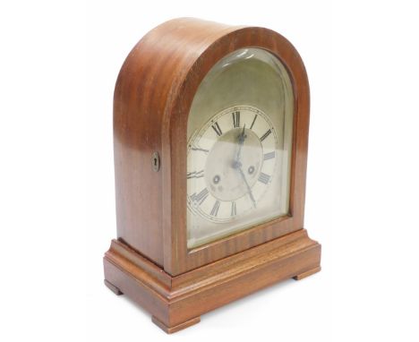 A late 19thC mahogany cased mantel clock, with a silvered dial, and eight day striking movement by Becca, 35cm high..