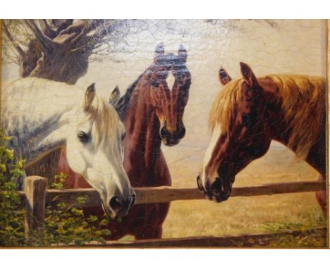 A print of three horses, printed on canvas, 18.5cm high, 25cm wide. 