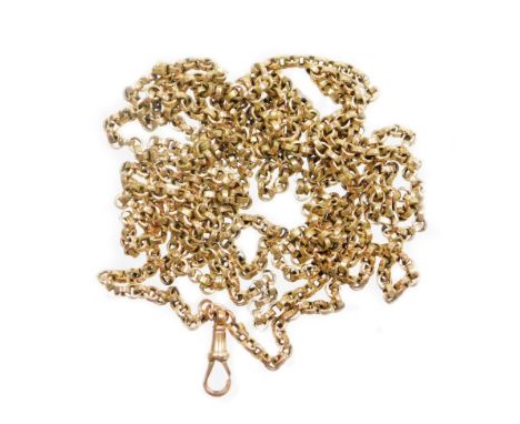 A long guard two row neck chain, with hollow links and a rose gold clip clasp, one link stamped 9c, and the clasp stamped 9ct