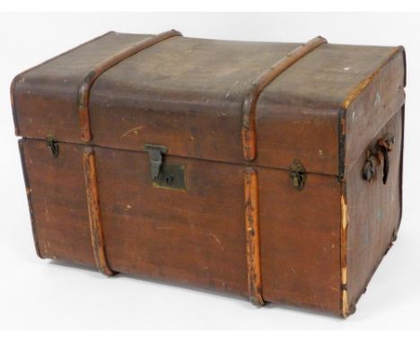 An early 20thC Stork brand pressed leather and wooden bound travel trunk, the domed lid revealing a fitted interior, the exte