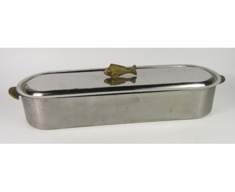 An aluminium and brass fish kettle, with drainer shelf, 67cm long.