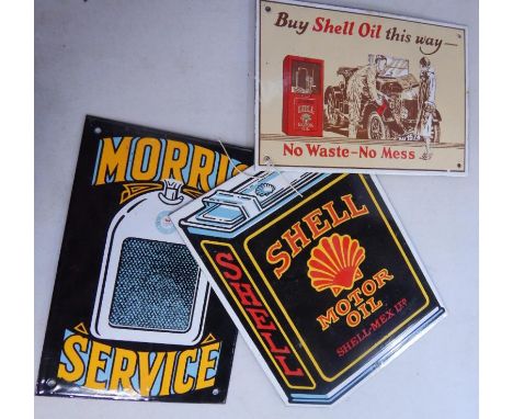 Three reproduction enamel signs, comprising Buy Shell Oil This Way, Shell Motor Oil and Morris Service, each approx 27cm.