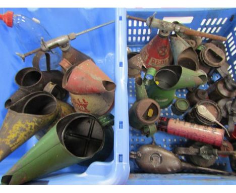 Automobile Lubrication, a collection of oil cans, funnels and accessories, (contents of box).