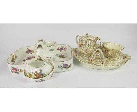 A James Kent Chintz pottery solitaire breakfast set, decorated in the Pearl Delight pattern, and a Hammersley porcelain straw